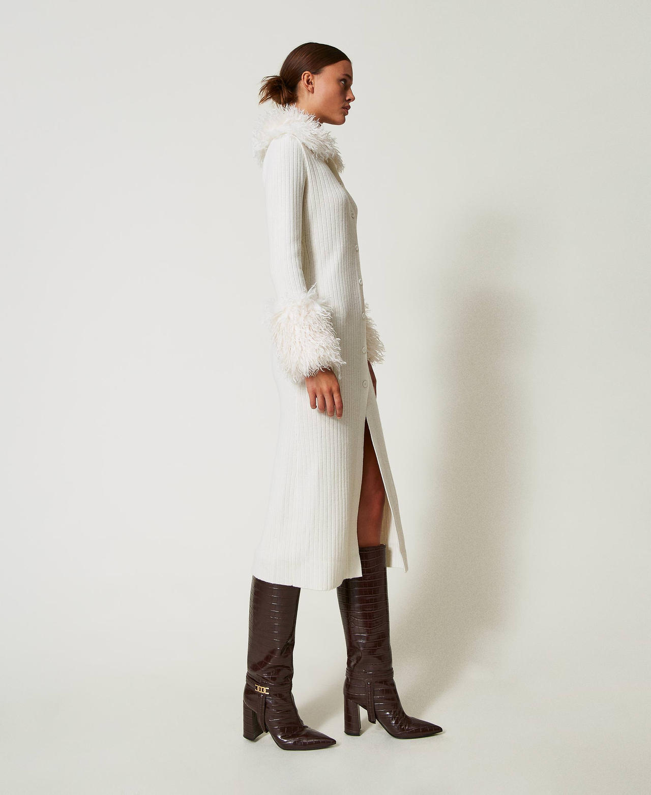 Robe-cardigan longue en laine mélangée et fausse fourrure Blanc Neige Femme 242TT3430_00282_02