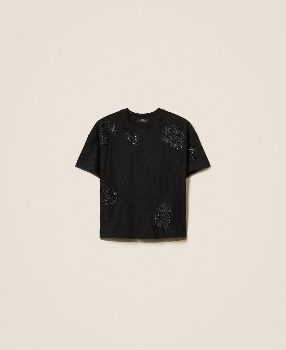 Классическая футболка с тюлем и вышивкой Черный женщина 252AT2150_00006_S0