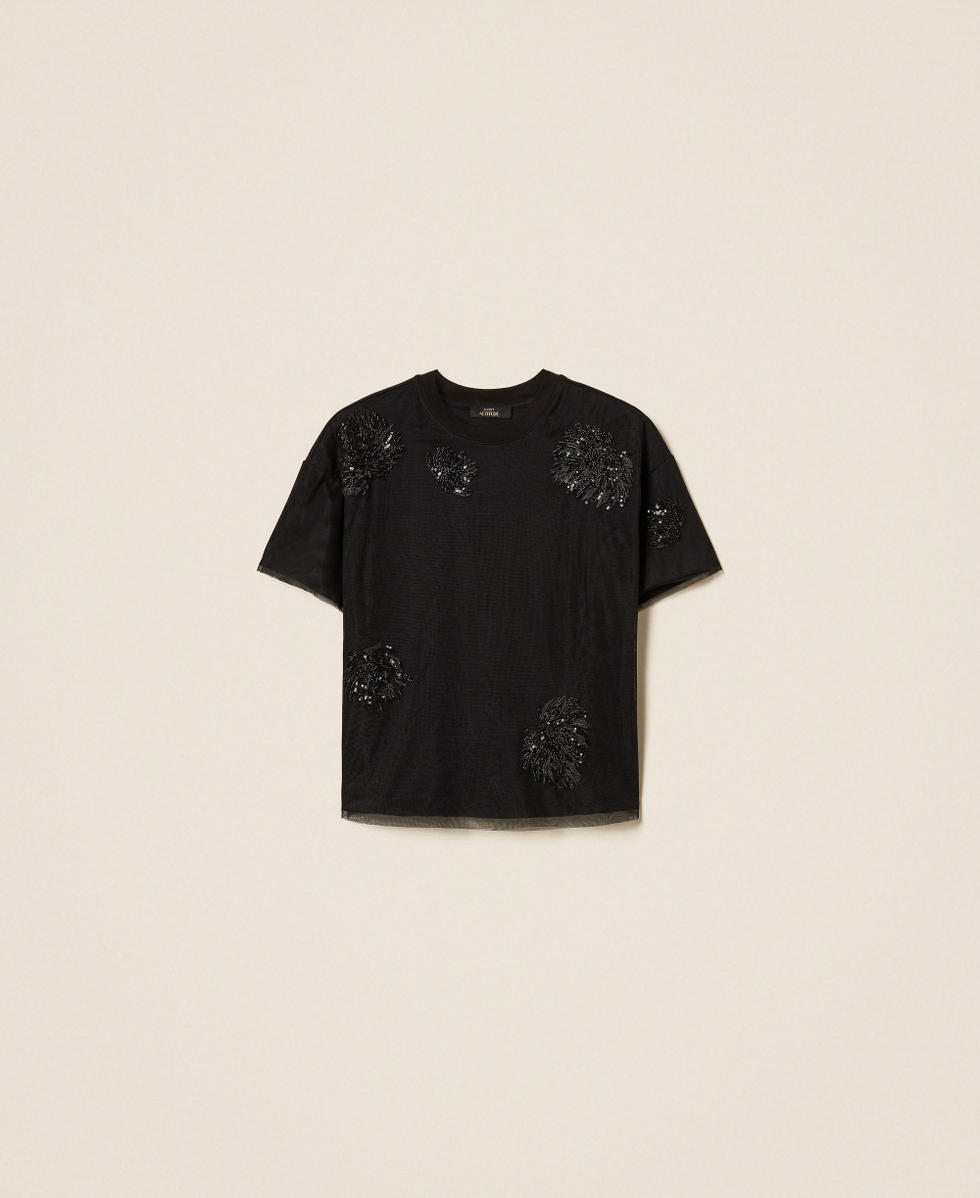 Regular fit T-shirt with tulle and embroidery