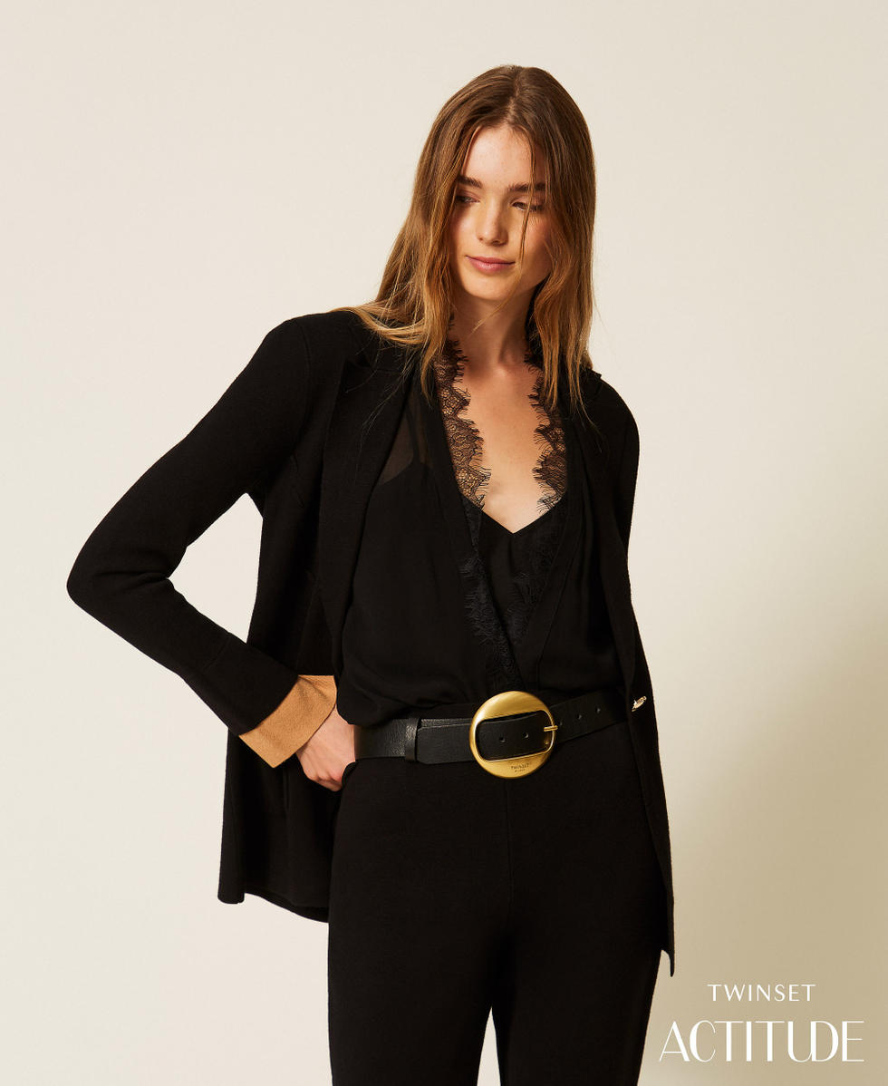 Knit jacket with contrasting details Two-tone Black/"Iced Coffee" Brown Woman 262AP3252_13758_PA