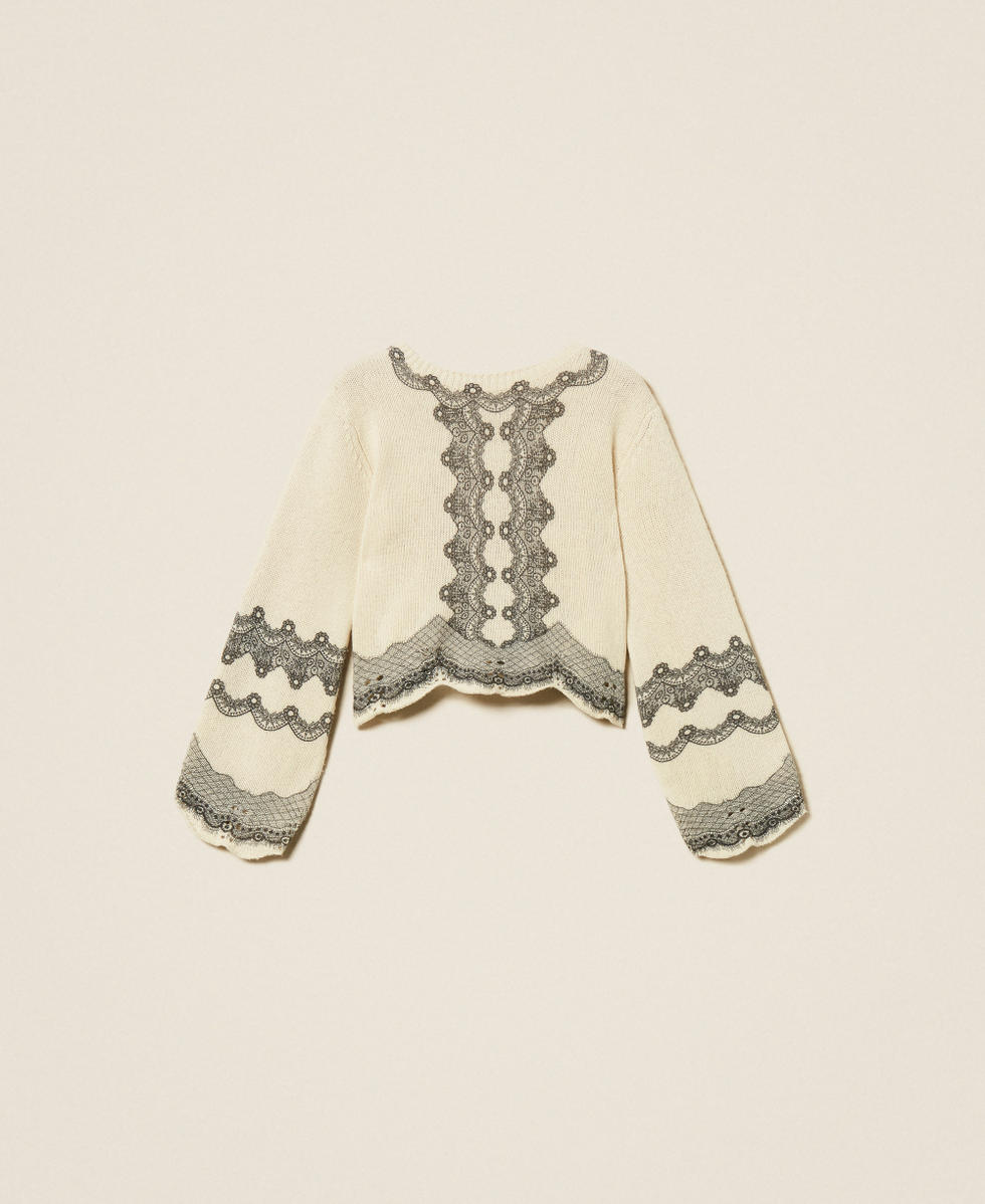 Pull en laine m&eacute;lang&eacute;e avec imprim&eacute; plac&eacute; Imprim&eacute; Dentelle Blanc &laquo;&nbsp;Neige&nbsp;&raquo;/Noir Femme 252TT3480_13040_S0