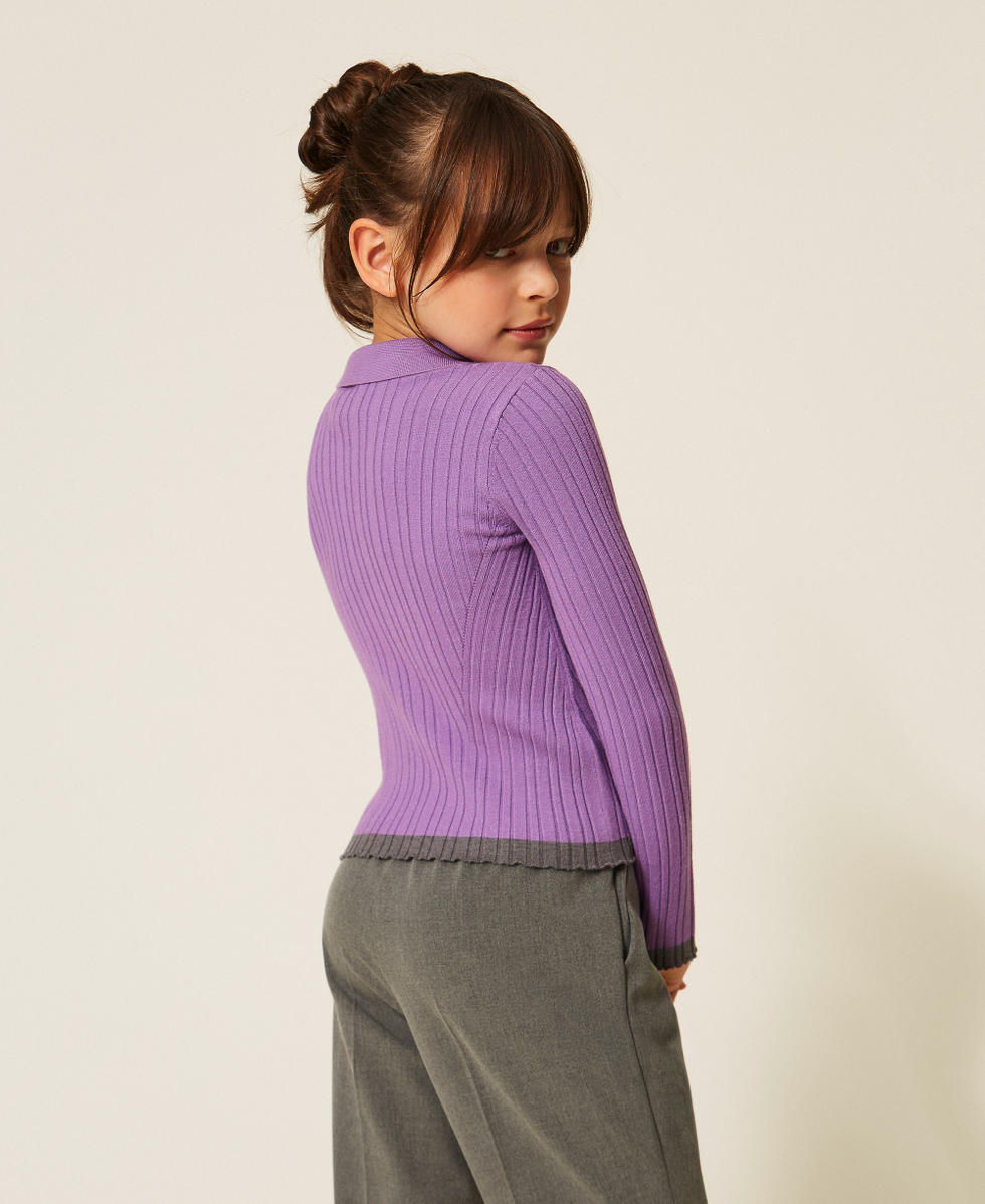Ribbed polo jumper with contrasting details Two-tone "Hyacinth" Purple/Dark Grey Melange Girl 262GJ3010_13791_03