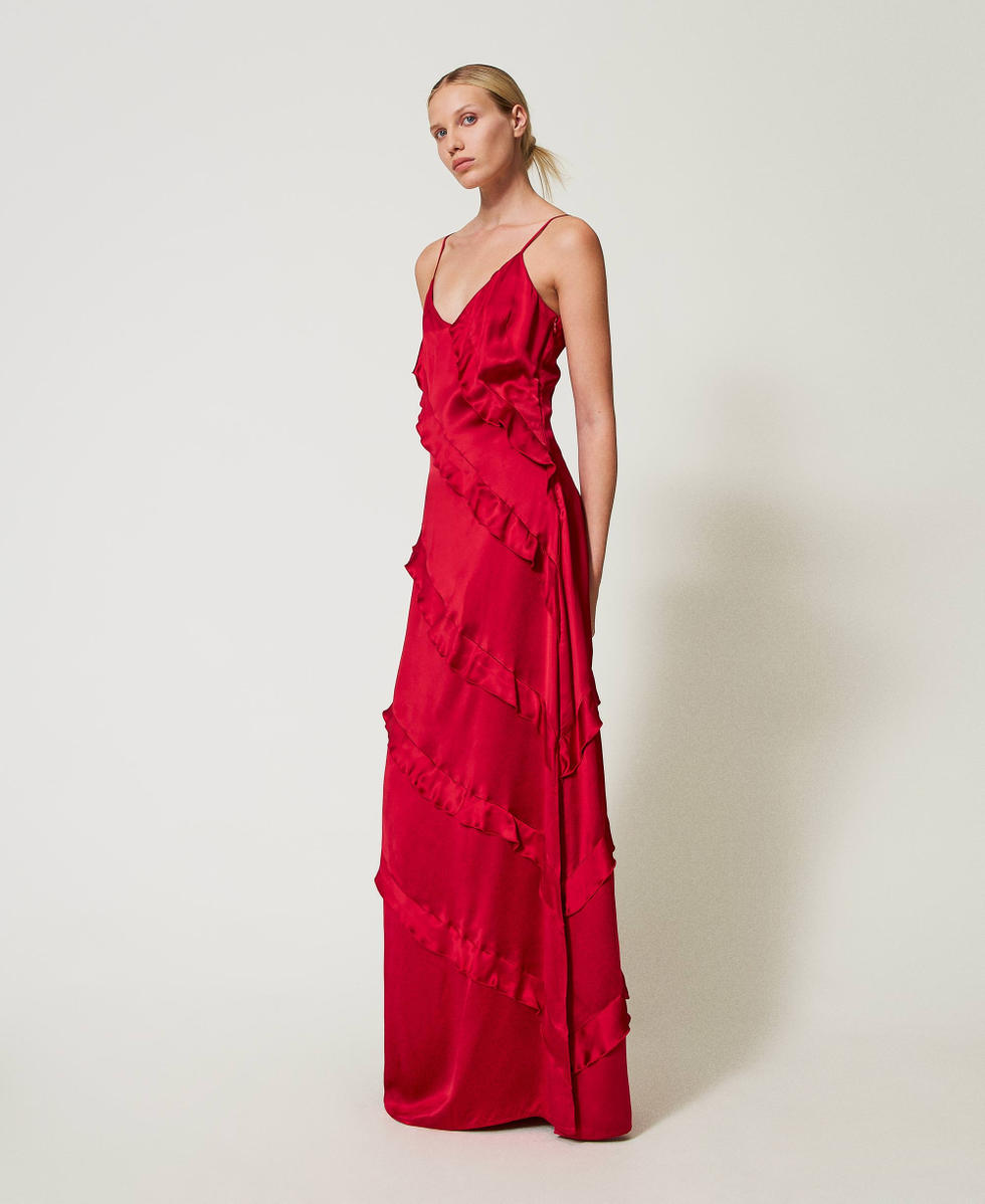 Long satin dress with ruffles Venetian Red Woman 242TT2431_00740_02