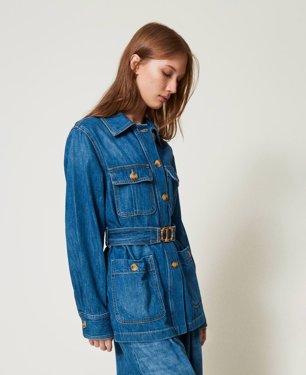 Safari-style denim jacket with belt Woman, Blue | TWINSET Milano Safari-style denim jacket with belt Woman, Blue | TWINSET Milano