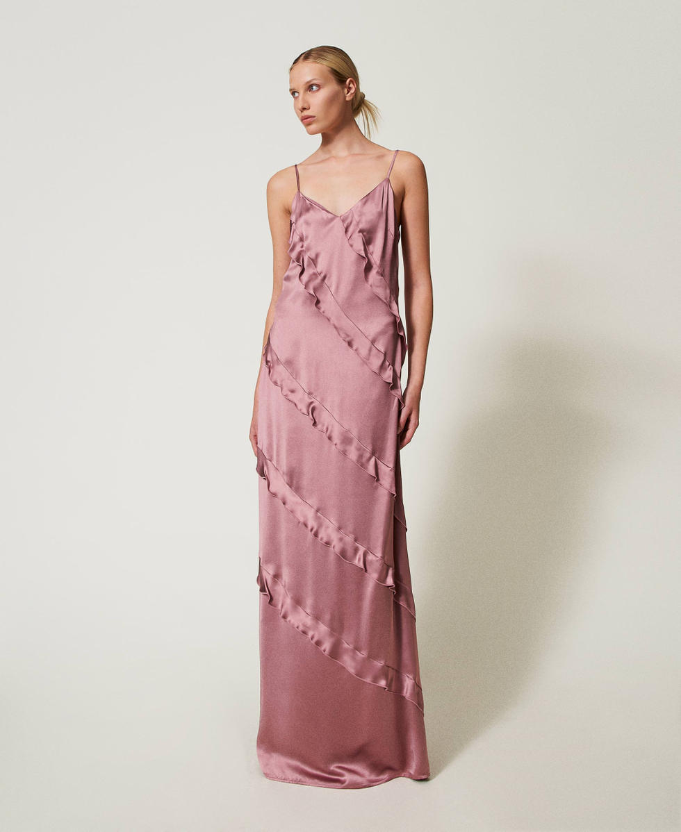 Abito lungo in raso con volant Rosa "Chocolate Ruby" Donna 242TT2431_11945_02