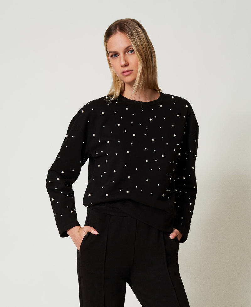Crew neck sweatshirt with pearls Black Woman 242LL2NCC_00006_01