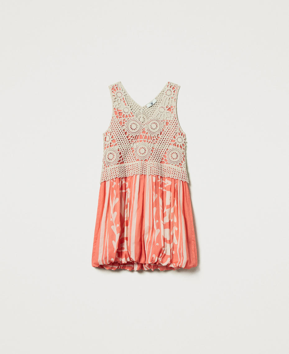 Abito corto in mussola e crochet Almond Beige / Stampa Foulard Coral Sunset Donna 251LM2CDD_12396_S0