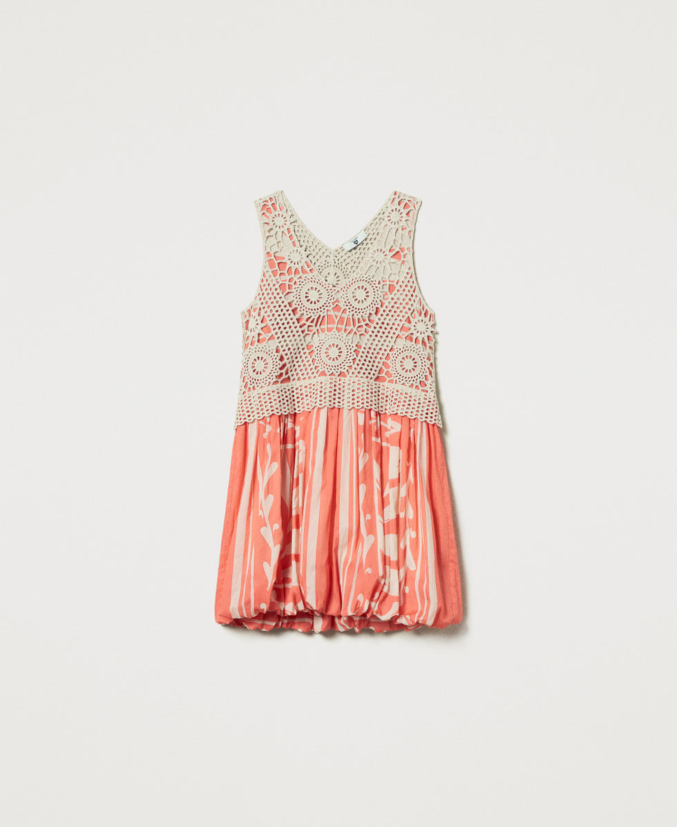 Vestido corto de muselina y ganchillo Almond Beige / Estampado Foulard Coral Sunset Mujer 251LM2CDD_12396_S0