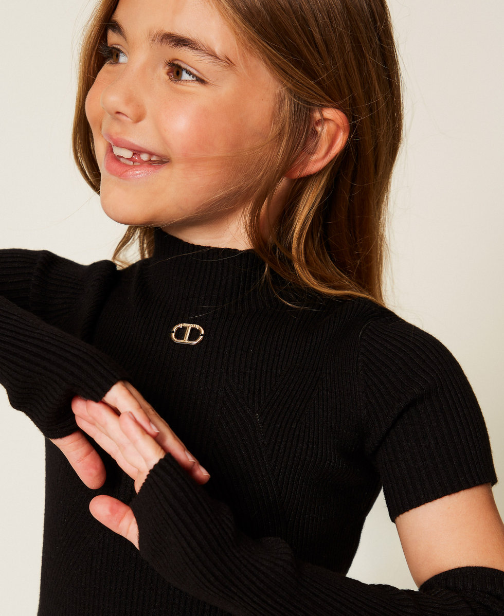 Kurzes Strickkleid mit Armlingen Schwarz M&auml;dchen 252GJ3040_00006_04