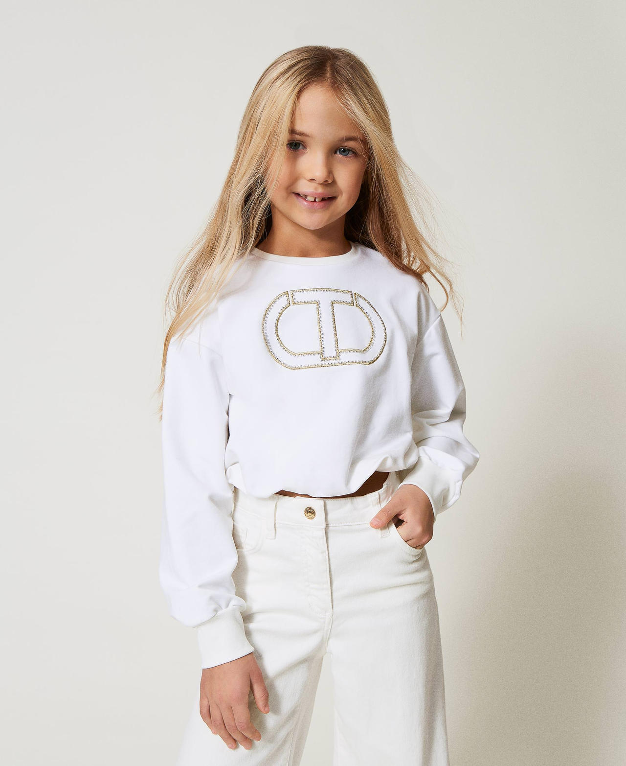 Sweatshirt with embroidered Oval T "Ice" White Girl 251GJ2584_00808_01