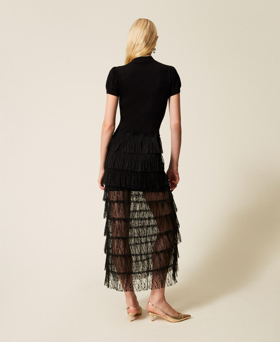 Langes Kleid aus Strick mit Plumetis-Spitze Schwarz Frau 261TP3163_00006_03