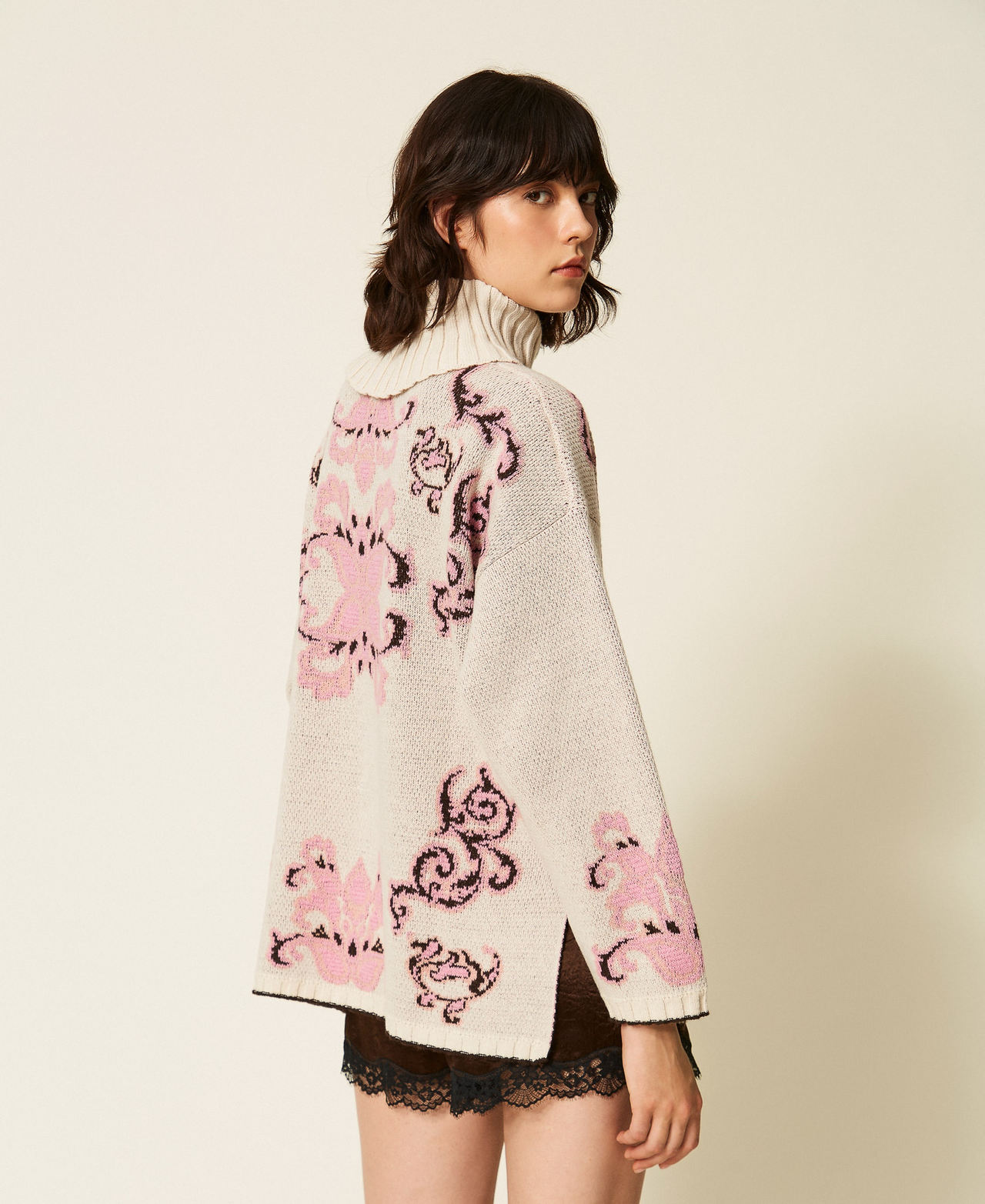 Jacquard wool blend maxi jumper Parchment Jacquard Woman 262TP3485_13973_03
