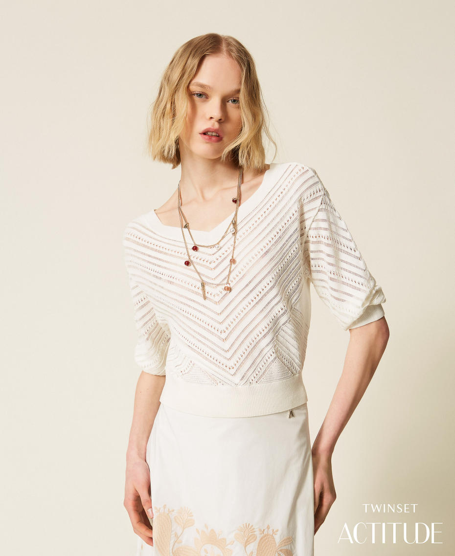 Pullover mit Durchbruchmuster im Zickzack-Design Mattwei&szlig; Frau 261AT3040_00526_PA