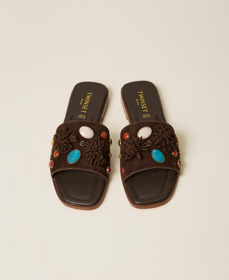 Suede slides with decorative stones Coffee Liqueur Woman 261TGT062_12110_04
