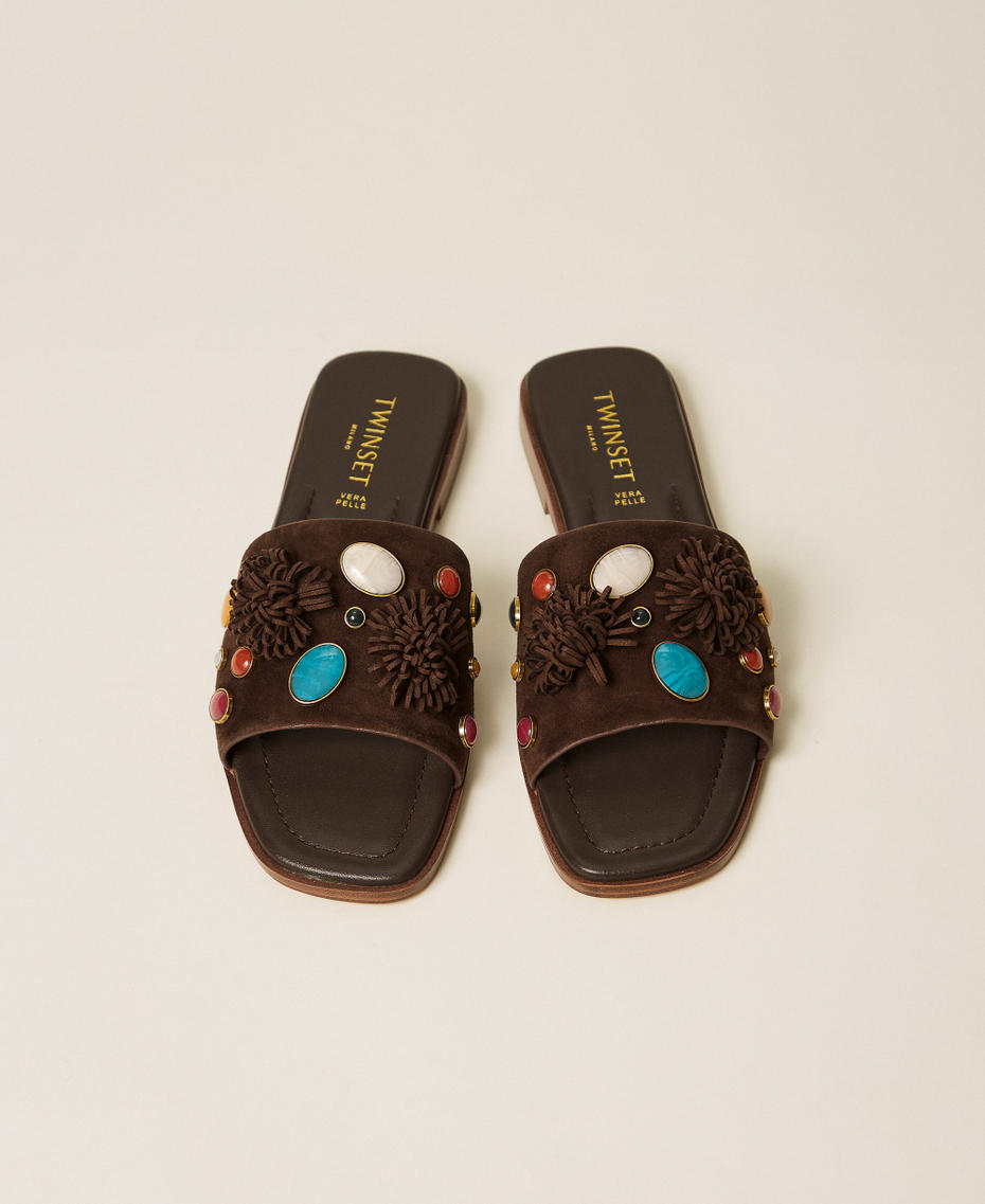 Suede slides with decorative stones Coffee Liqueur Woman 261TGT062_12110_04