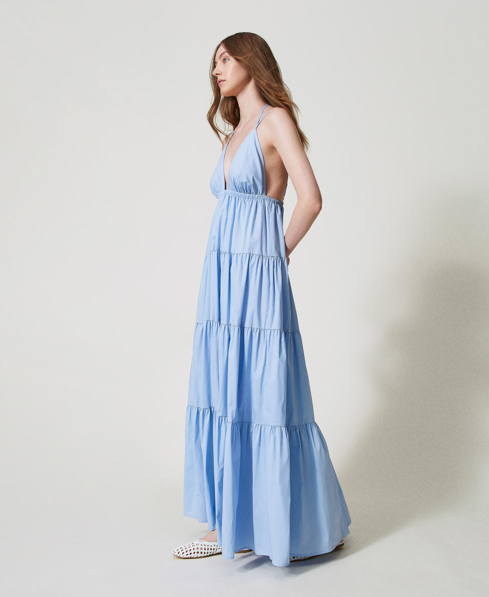 Long poplin dress with flounces Light Blue Topaz Woman 251LM2KGG_12106_01