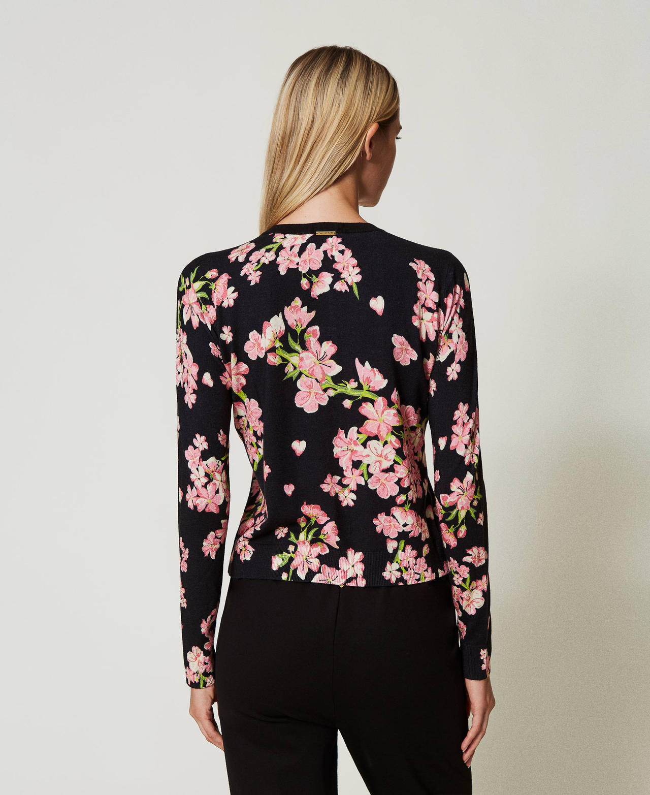 Knit cardigan with print and lace Multicolour Blooming Woman 242LL3TAA_11998_03