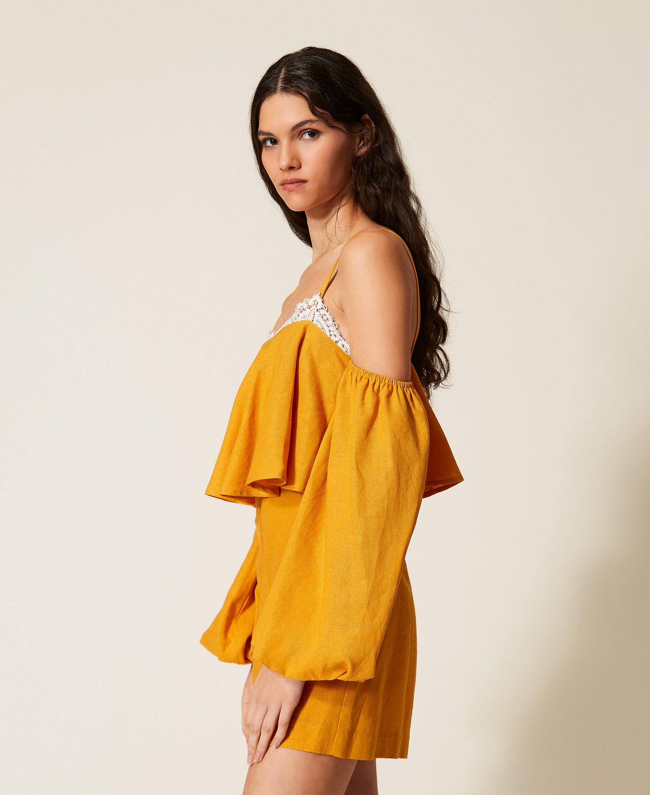 Linen blend short jumpsuit with lace Amber Orange Woman 261TF2100_13456_02