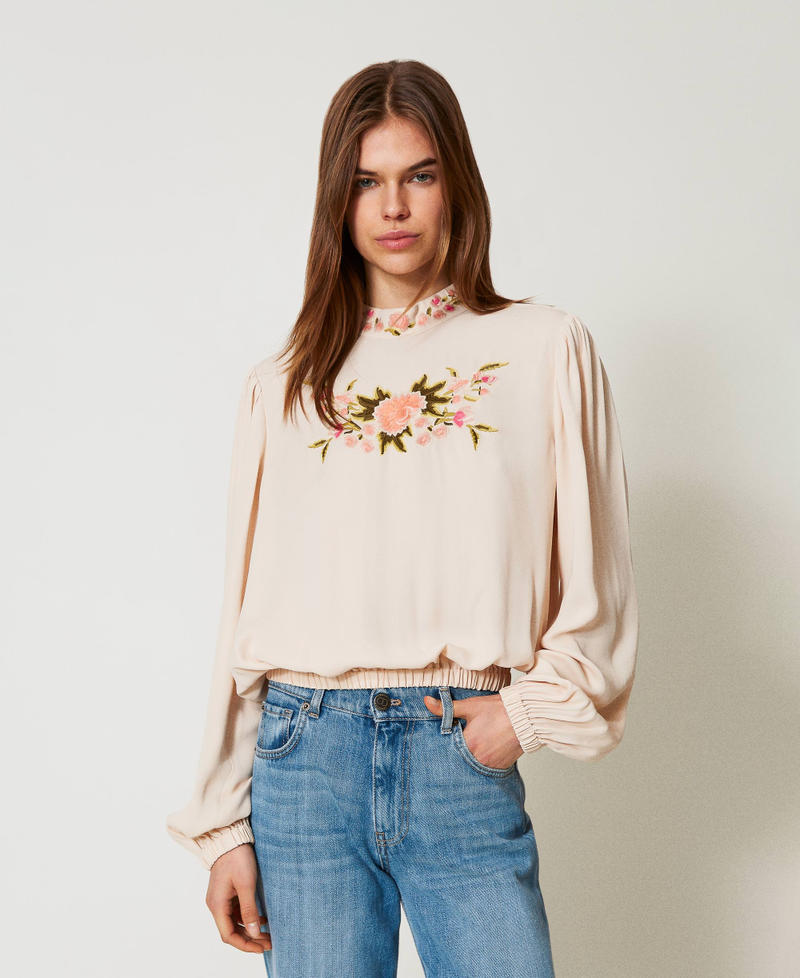 Blouse with floral embroidery Beige/Multicolour Flowers Embroidery Woman 251TP2472_12306_01