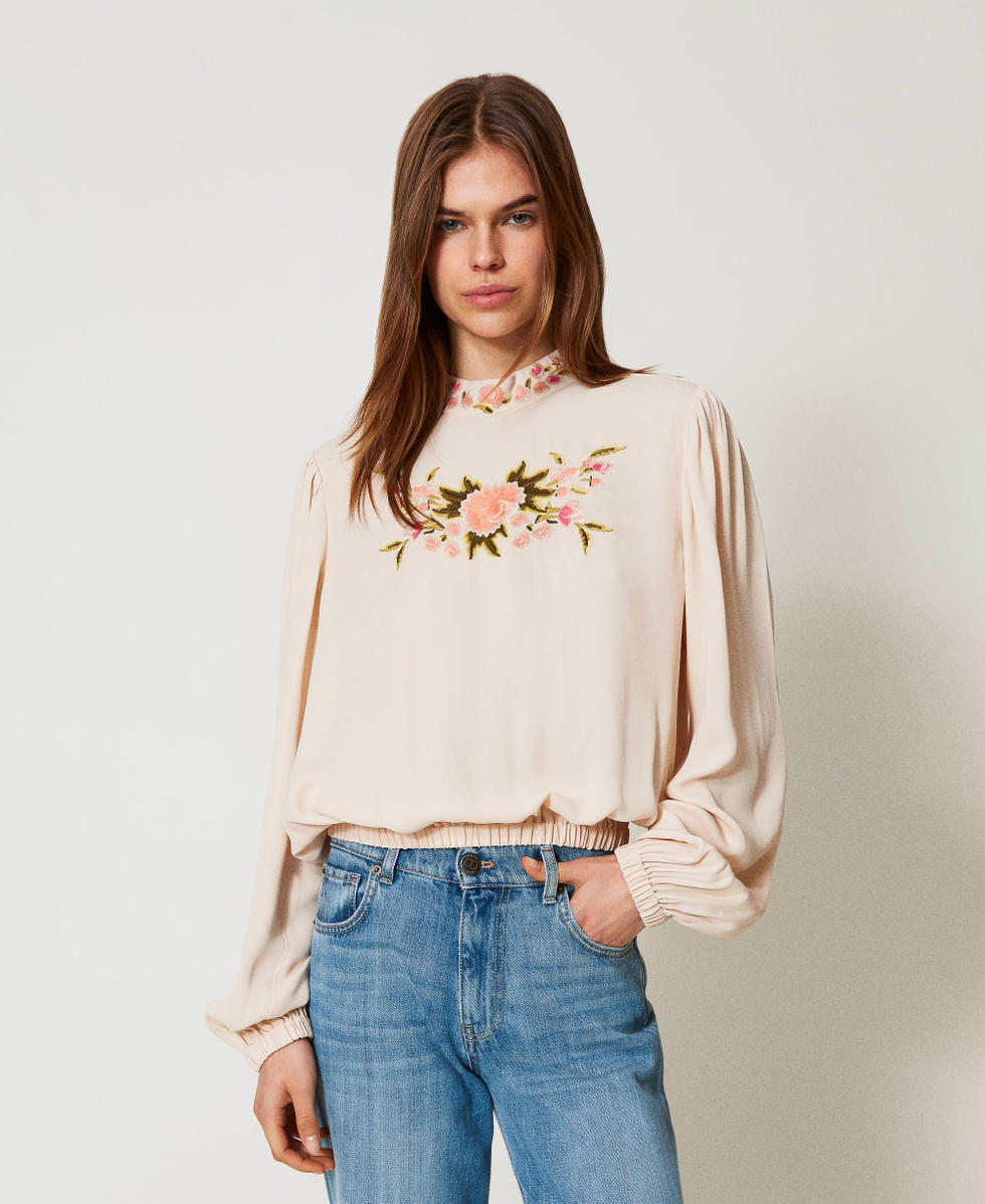 Blouse with floral embroidery Woman, Beige | TWINSET Milano
