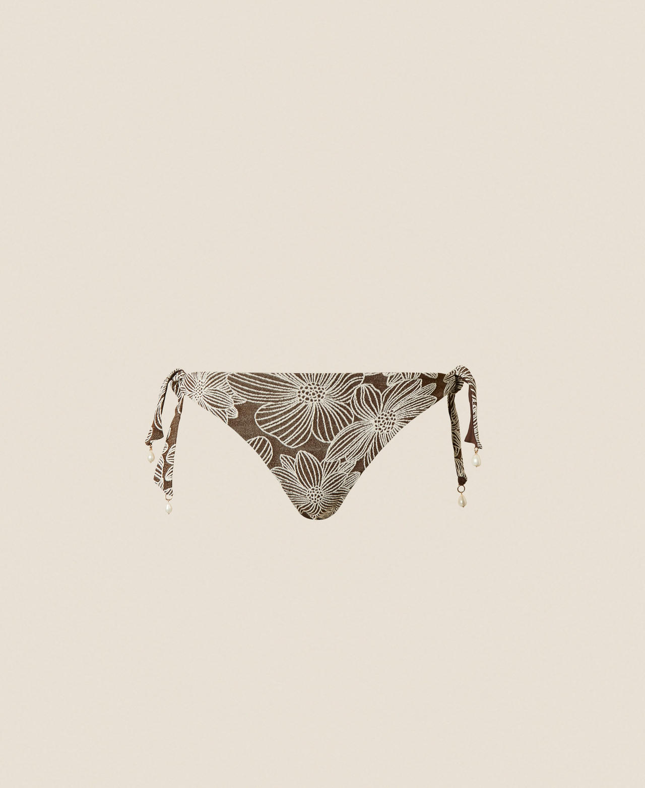 Twinset Beachwear - Jacquard bikini thong with pearls, Coffee Chocolate/Off White Jacquard, Floral, Size: IV