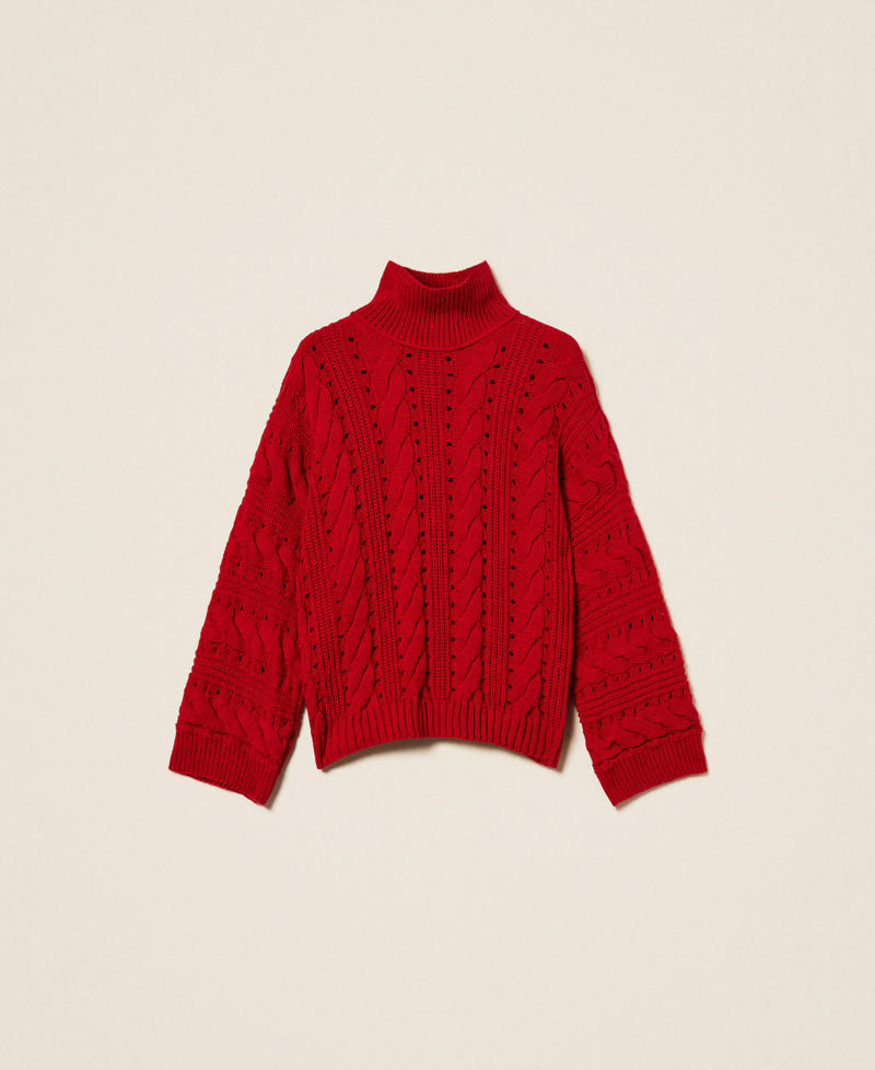 Maxi pull en laine mélangée avec torsades Rouge Vénitien Femme 252TT3101_00740_S0