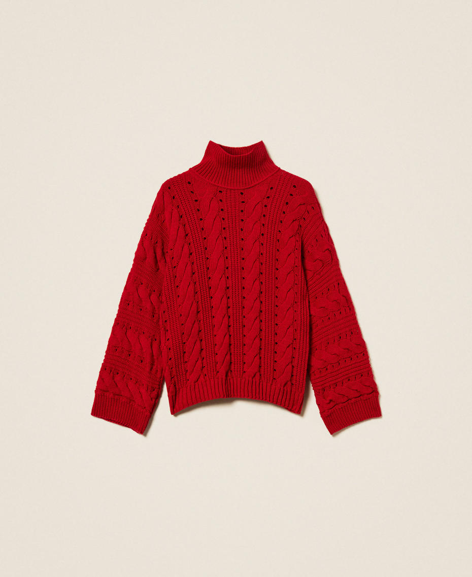 Maxi pull en laine mélangée avec torsades Rouge Vénitien Femme 252TT3101_00740_S0