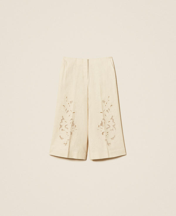Укороченные брюки из смесового льна с вышивкой