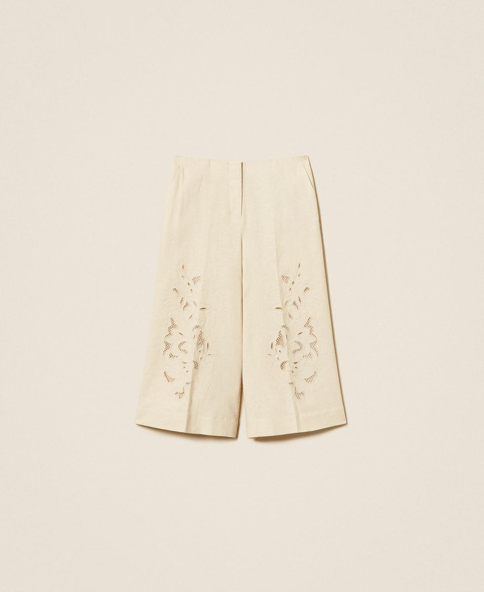 Linen blend cropped trousers with embroidery