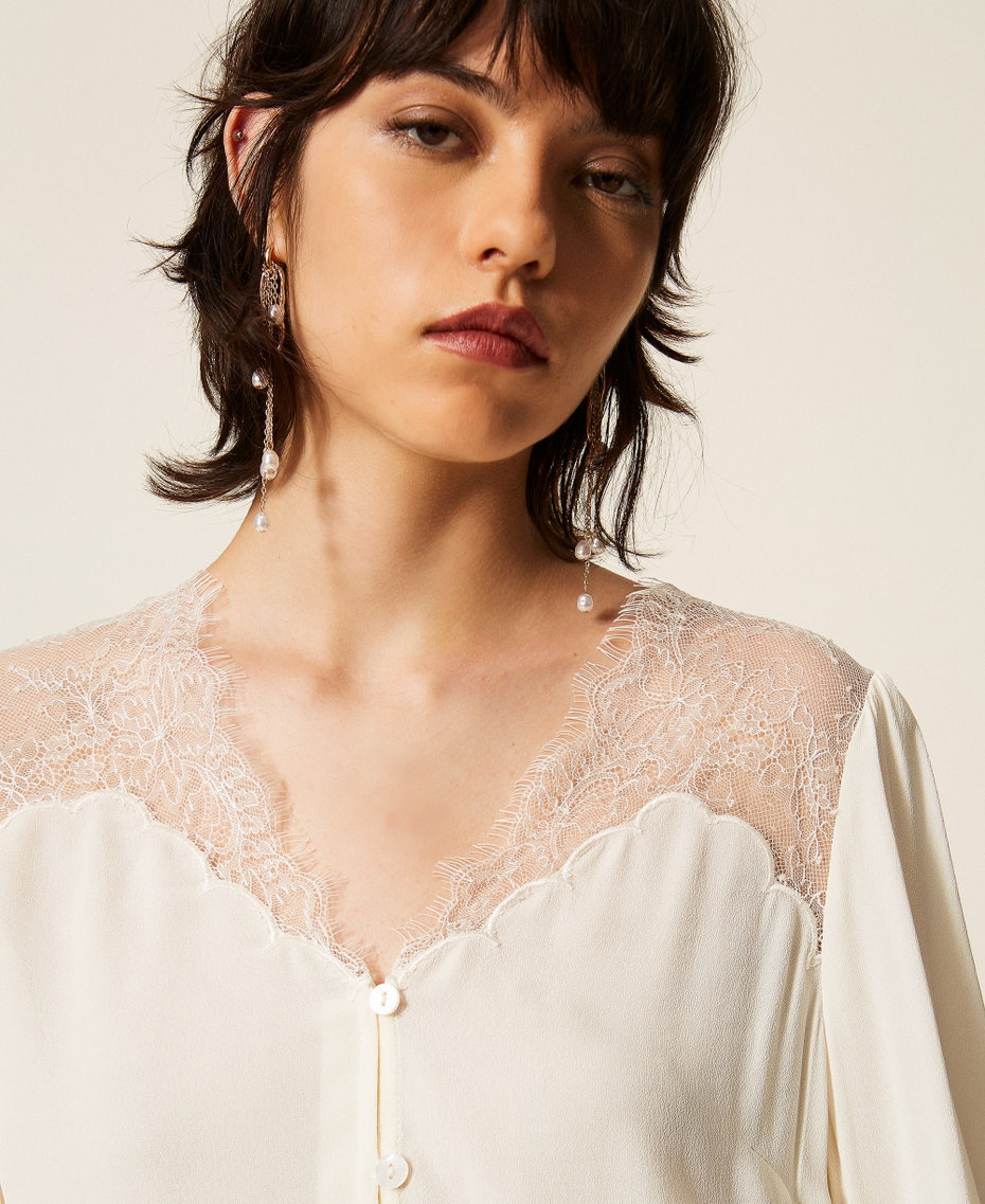 Jacquard shirt with lace Mother Of Pearl Woman 262TP2481_00059_04