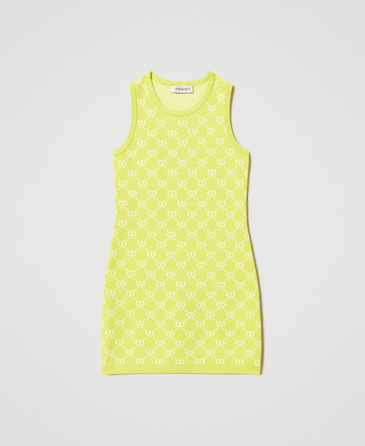 Short knit dress with jacquard Oval T Two-tone Yellow Plum/Ice Girl 251GJ3QX2_12190_0S