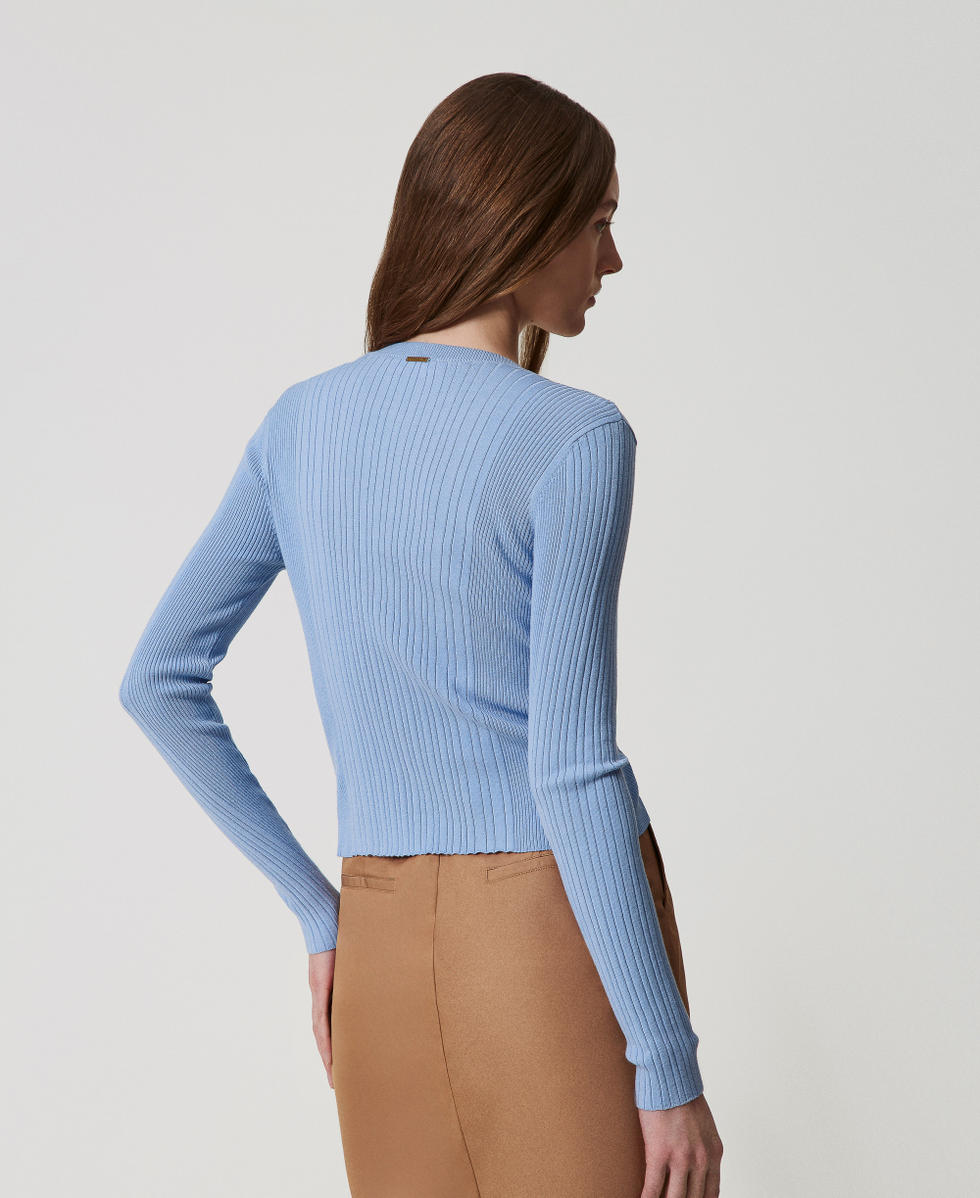 Fitted ribbed cardigan Light Blue Topaz Woman 251LL3FAA_12106_03