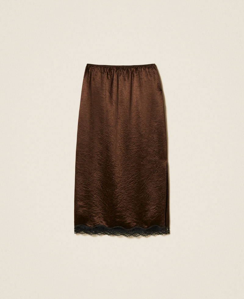 Gonna longuette in raso froiss&eacute; e pizzo Bicolor Darkness Brown / Nero Donna 262TP2111_13853_S0