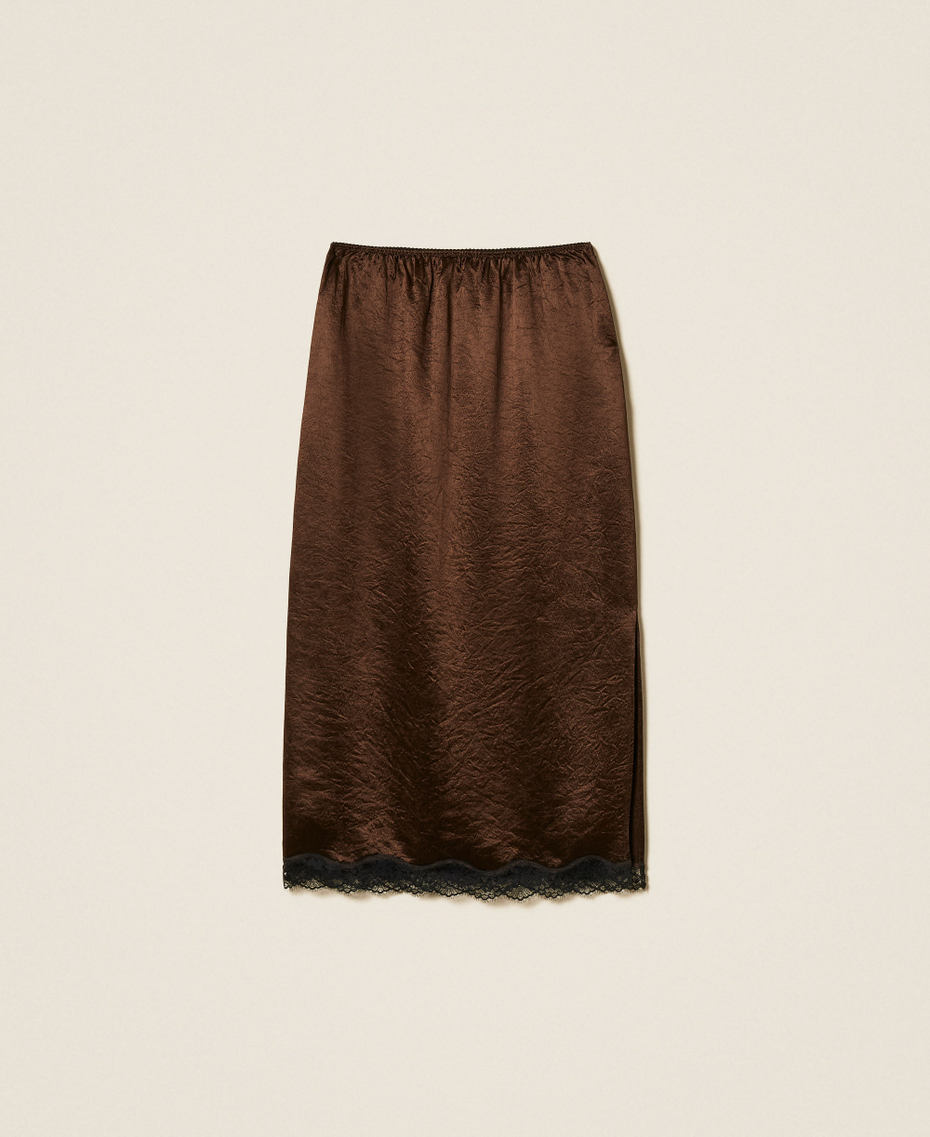 Gonna longuette in raso froiss&eacute; e pizzo Bicolor Darkness Brown / Nero Donna 262TP2111_13853_S0