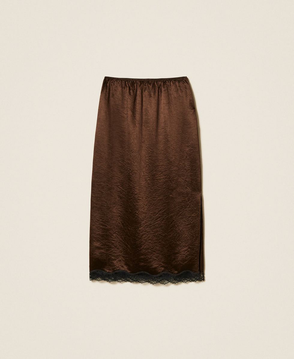 Falda midi de raso froiss&eacute; y encaje Bicolor Darkness Brown / Negro Mujer 262TP2111_13853_S0