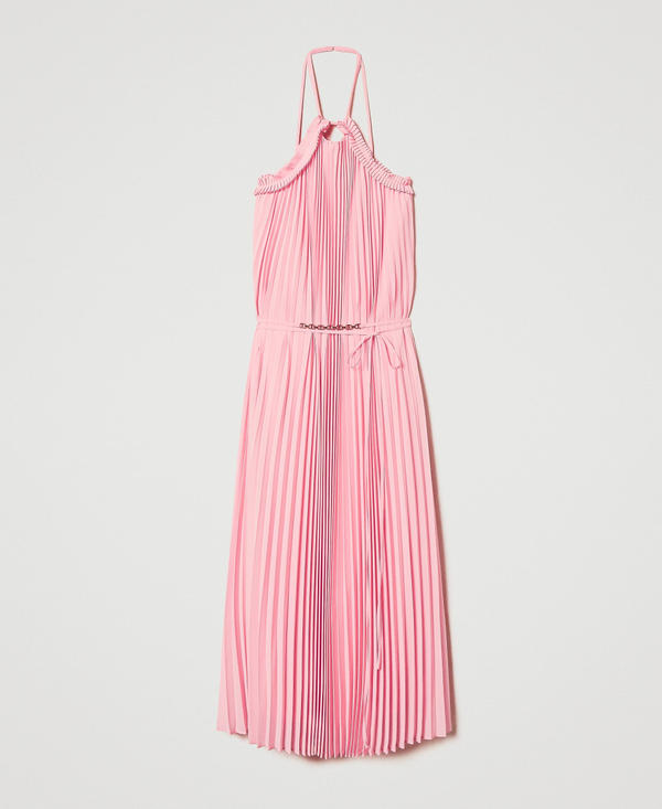 Long pleated georgette dress with belt