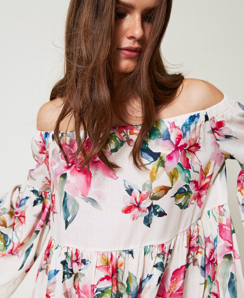 Linen blend blouse with floral print Mother of pearl/Multicolour Stripe Print Woman 251LB2UAA_12198_04