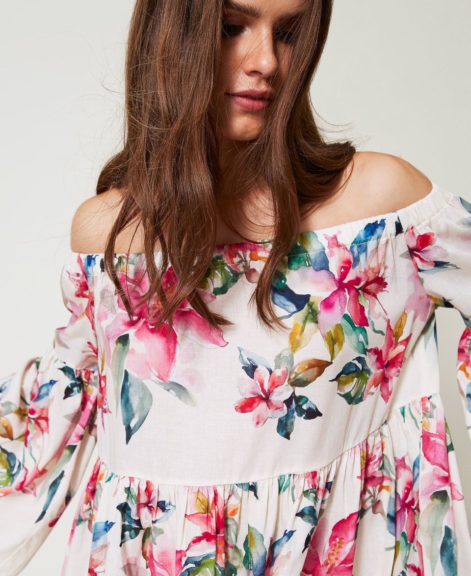 Linen blend blouse with floral print Mother of pearl/Multicolour Stripe Print Woman 251LB2UAA_12198_04