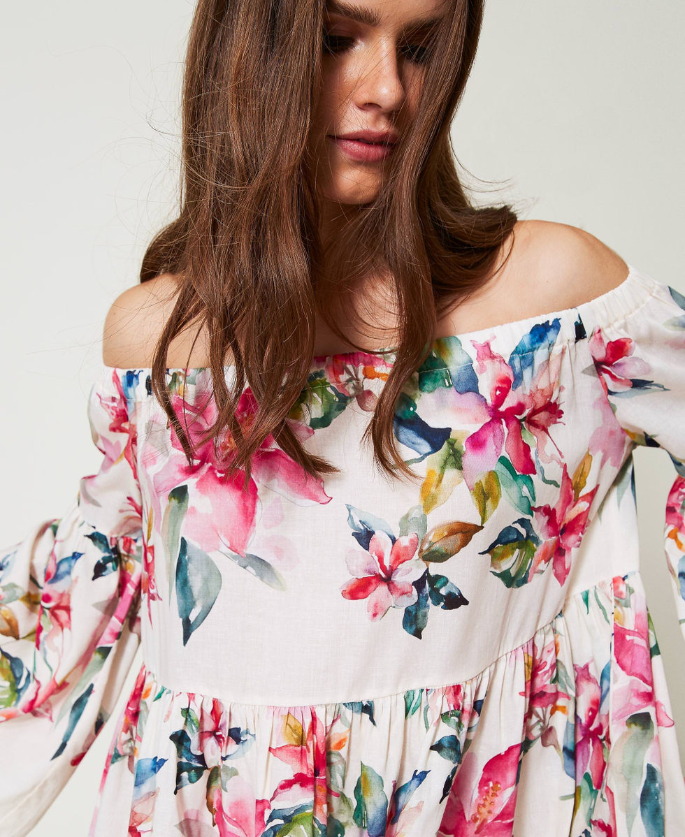 Blusa in misto lino con stampa a fiori Stampa Riga Fiori Madreperla / Multicolor Donna 251LB2UAA_12198_04