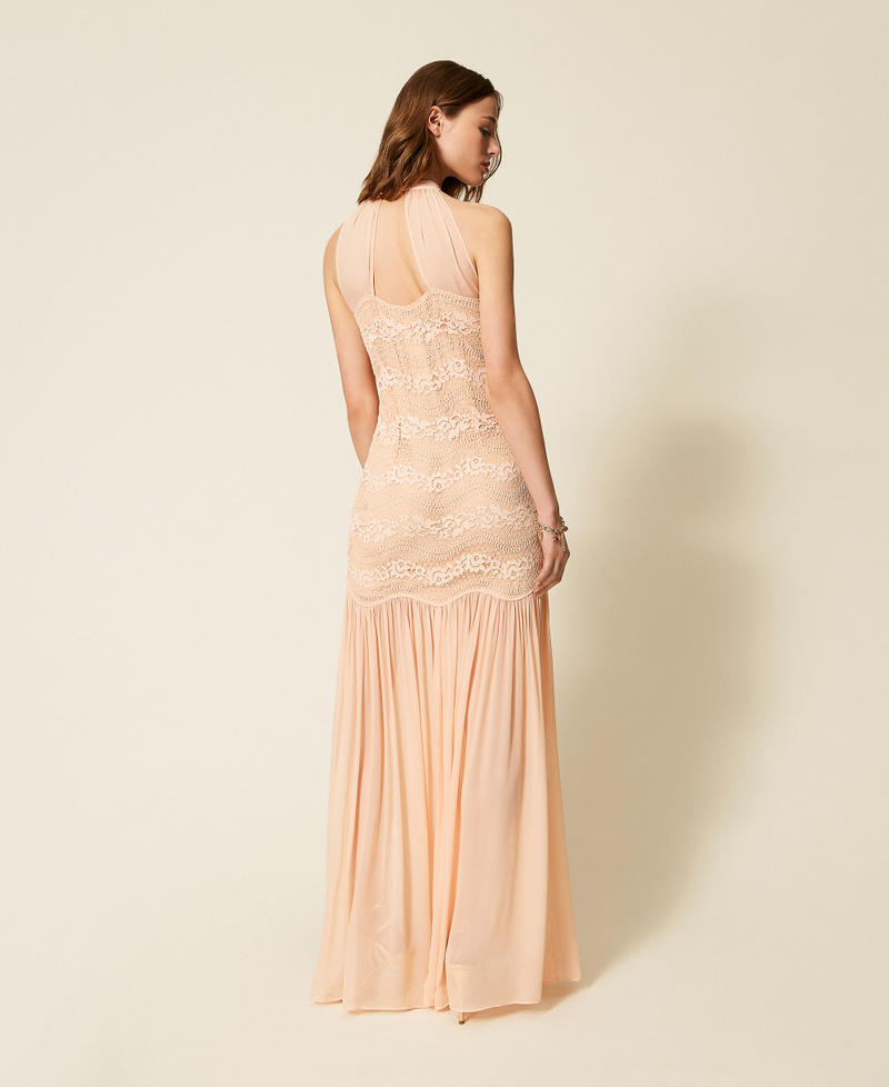Long macram&eacute; lace and georgette dress Peach Pink Woman 261TP2780_11750_03