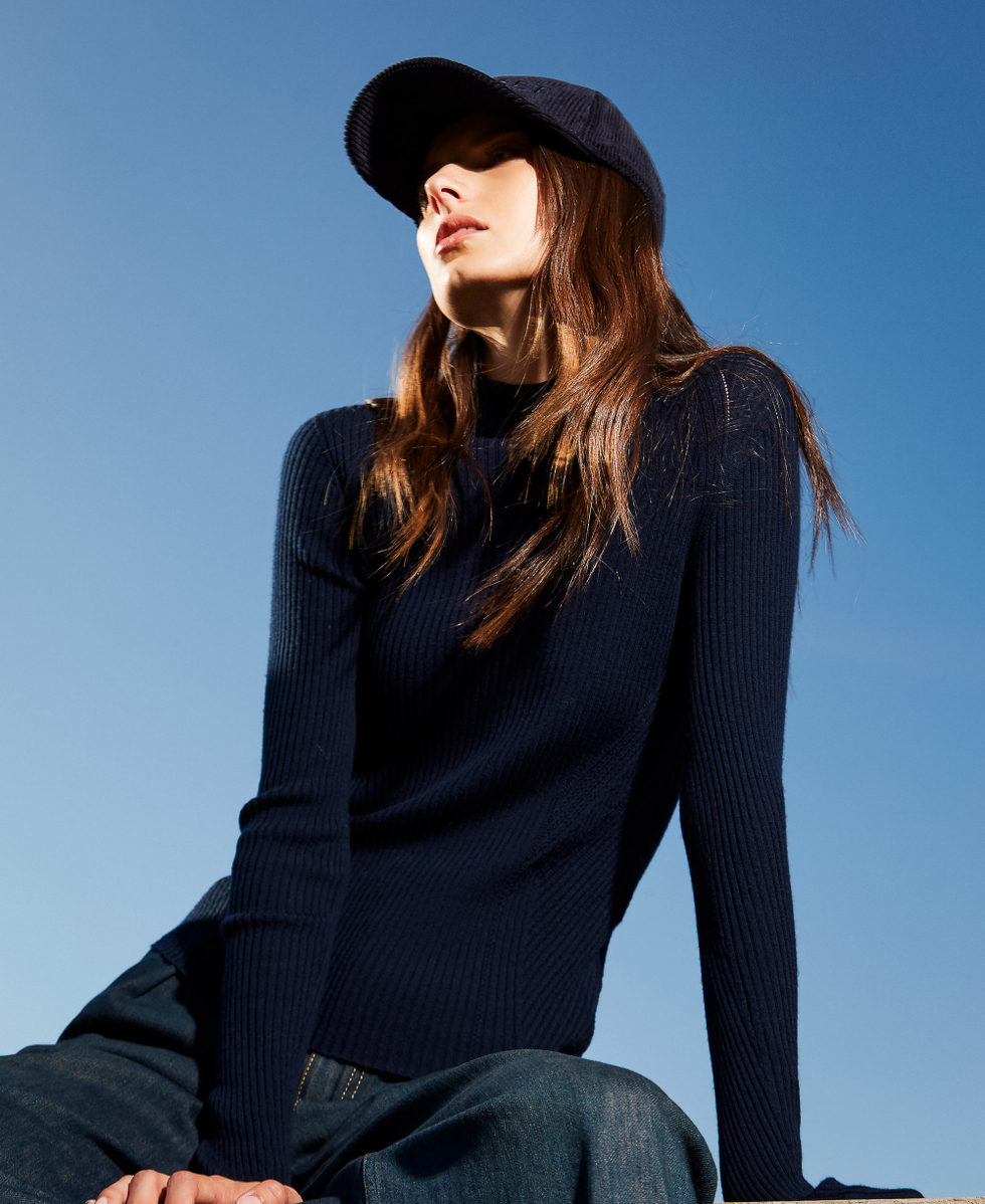 Pull col montant c&ocirc;tel&eacute; en laine Bleu Classique Femme 252TT3111_11956_PC