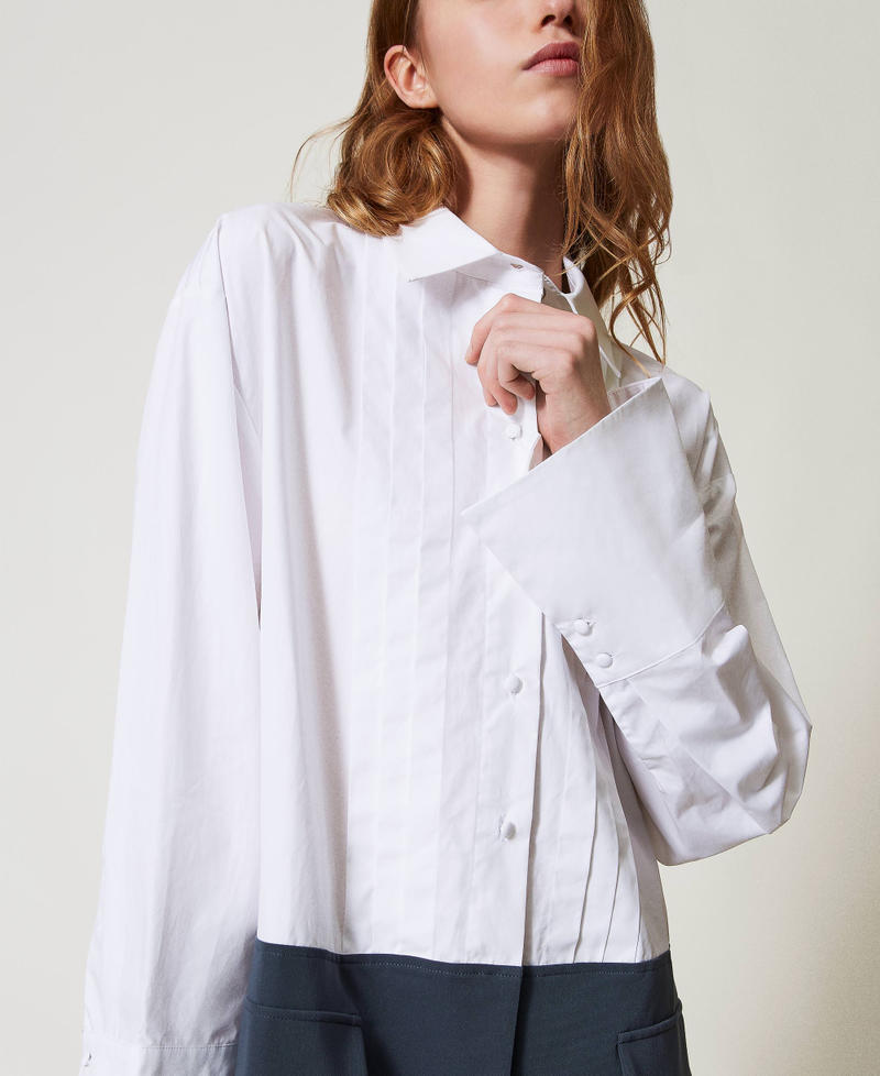 Short poplin and yarn-dyed dress Two-tone Papers White/Blue Fusion Woman 251AP2393_12373_03