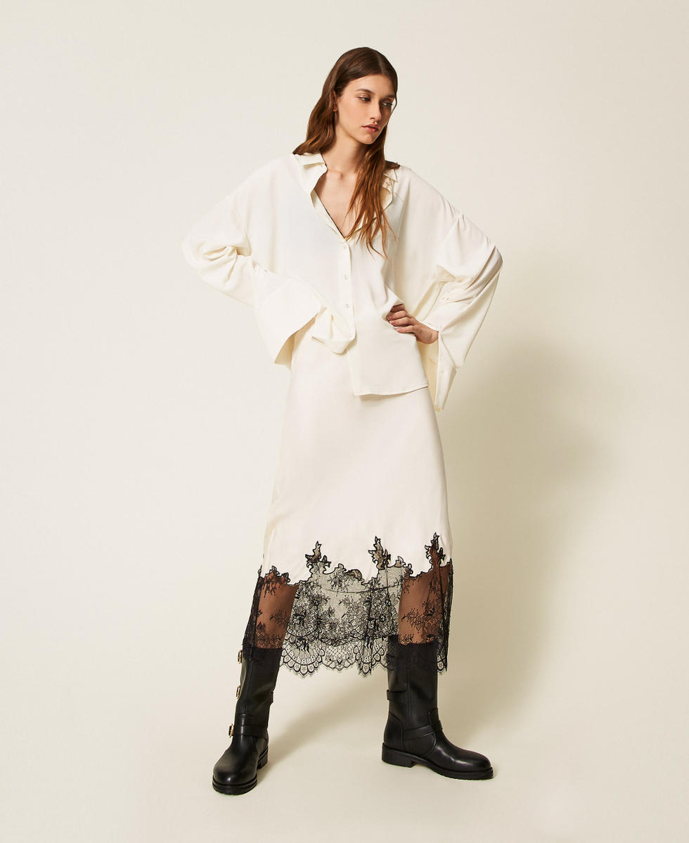 スカート TWINSET SS25 Sangallo skirt (251TT2332 00282) Satin and lace midi skirt Woman, White | TWINSET Milano