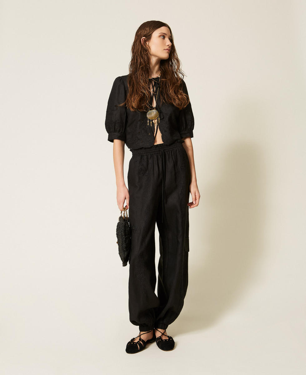 Chemise en lin et broderie anglaise Noir Femme 261TT2120_00006_01
