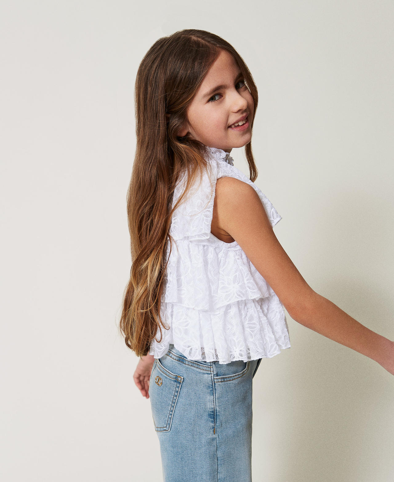 Embroidered tulle top with flounces "Ice" White Girl 251GJ2526_00808_02