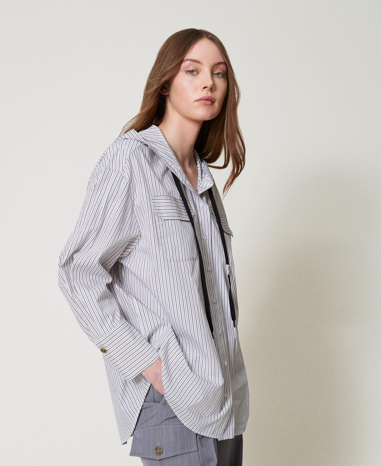 Camicia in popeline a righe con cappuccio Stripes Optical White / Beige "Rope" Donna 251TE2081_12324_02