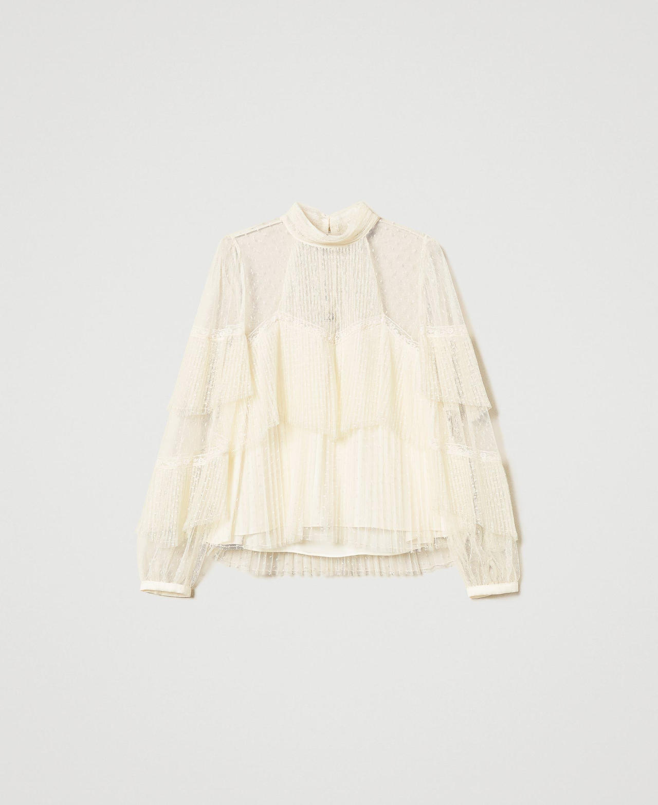 all tulle frill blouse（white） XZJJZ Ruffle Blouse Women Shirt White Chiffon Lace Blouse