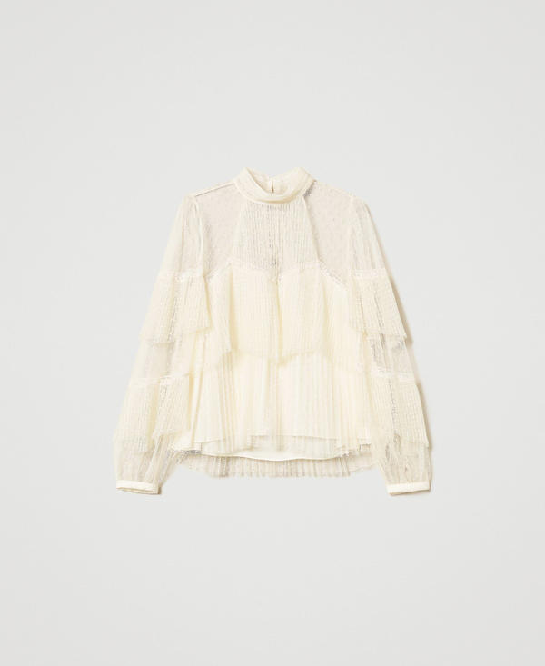 Blusa in tulle con balze pliss&eacute;