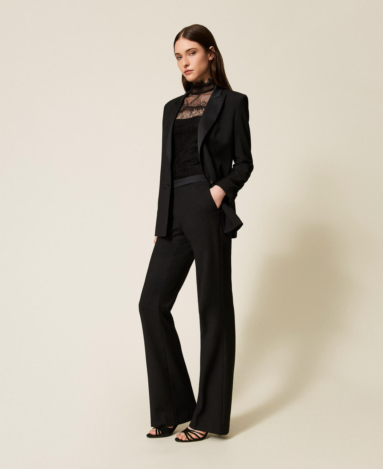 Flared trousers with satin details Black Woman 252TT2123_00006_02