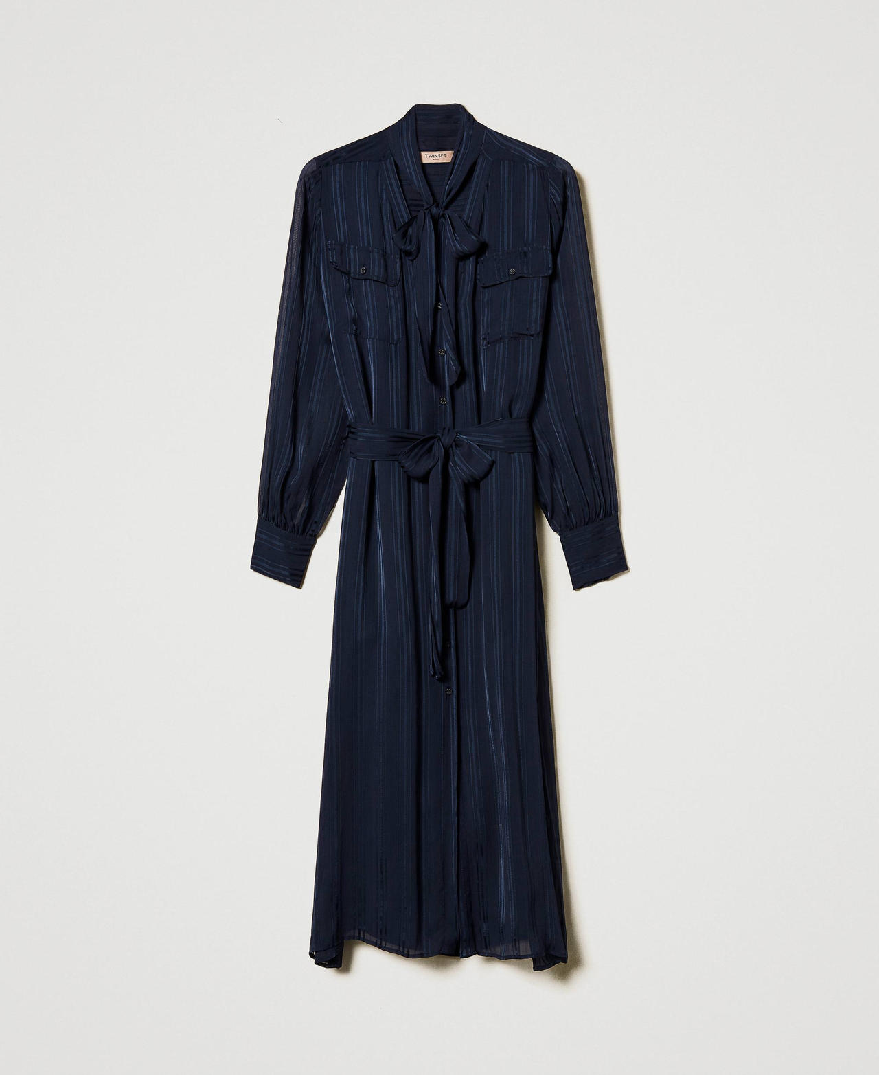 Georgette and satin midi shirt dress Blue Night Woman 251TP2260_00238_0S